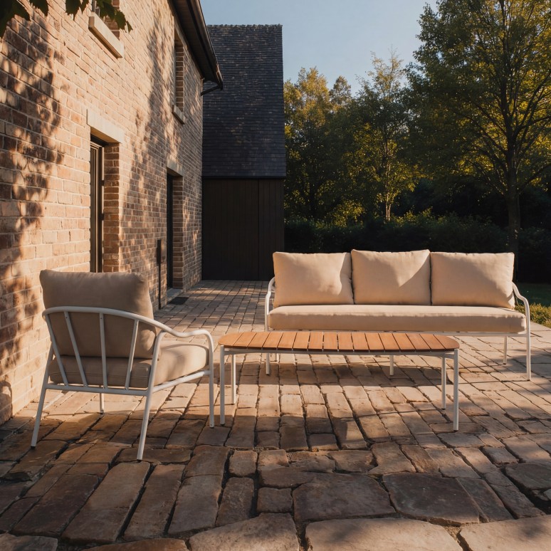 Luca - Salón de jardín de tela crudo y metal blanco 4 plazas