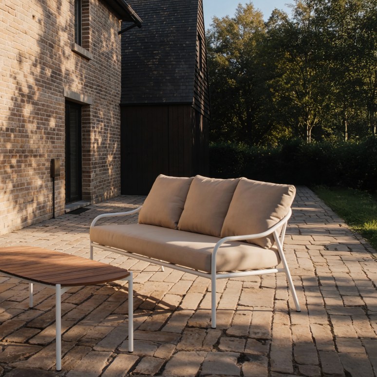 Luca - Set di mobili da giardino in tessuto écru e metallo bianco, 5 posti