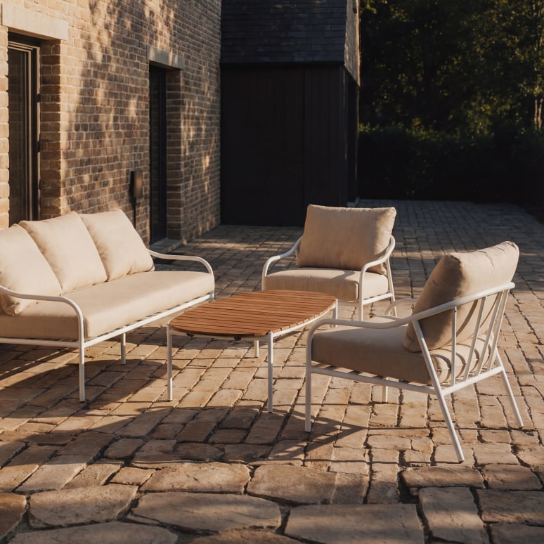 Luca - Set di mobili da giardino in tessuto écru e metallo bianco, 5 posti