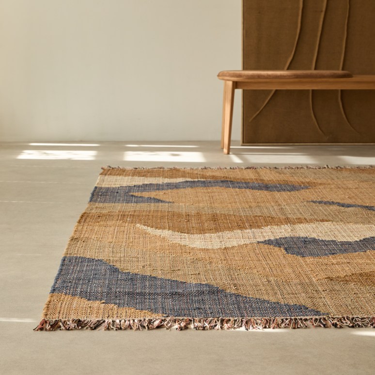 Ajay - Garenkatoenen vloerkleed 160 x 230 cm – Blauw en zand