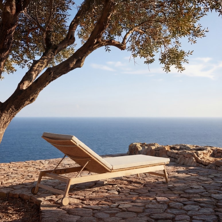 Sam - Chaise longue da giardino in acacia massello e cannage