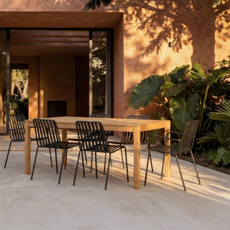 Téo - Set da giardino in teak massello e metallo black 6 posti