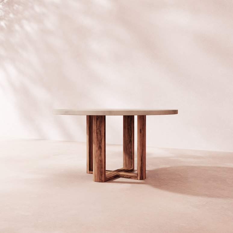 Rose May - Table de jardin ronde en acacia massif et ciment écru 4/6 pers.