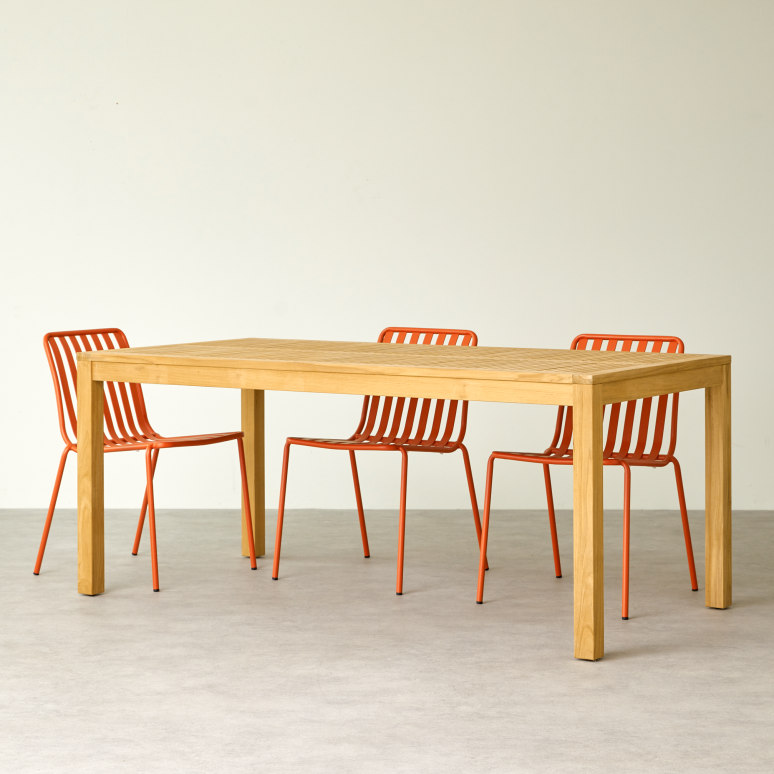 Téo - Tuinset van massief teakhout en oranje metaal 4 stoelen