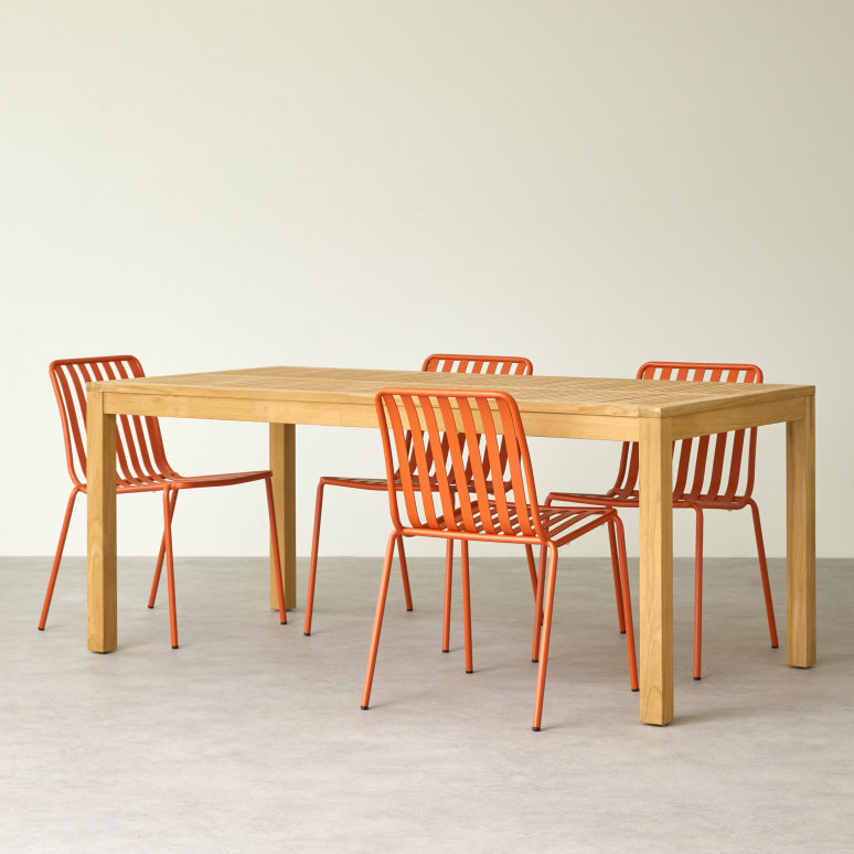 Téo - Conjunto de jardín de teca maciza y metal naranja 4 sillas
