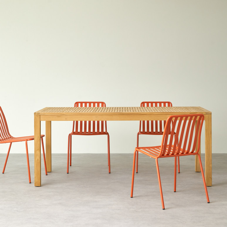 Téo - Set da giardino in teak massello e metallo arancione 4 sedie