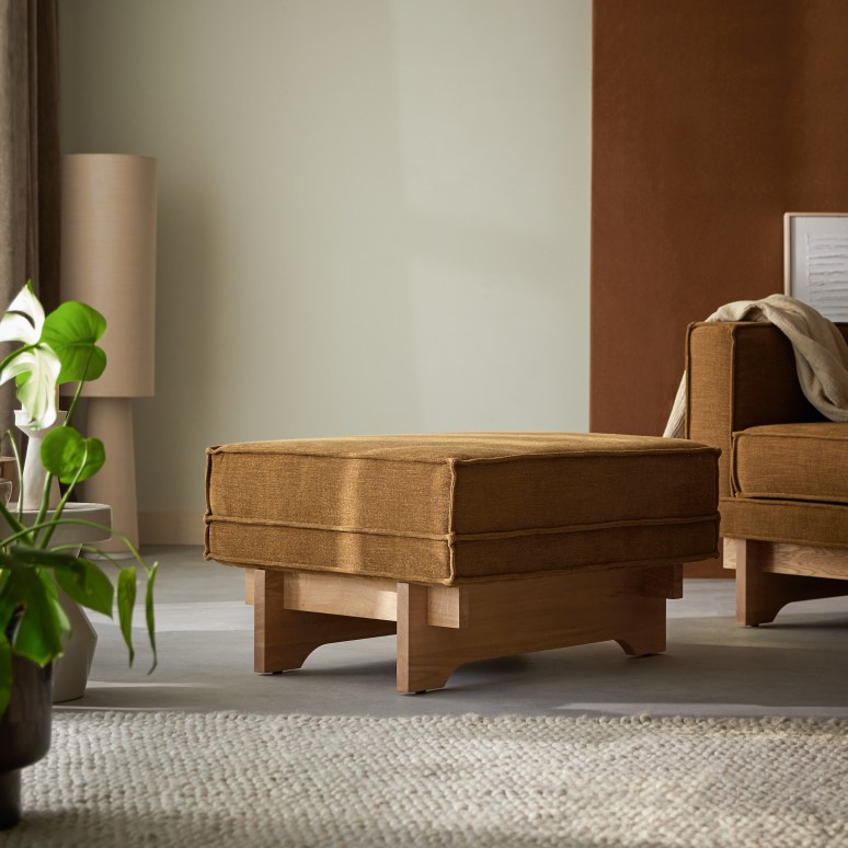 Footstool in oak and ochre fabric