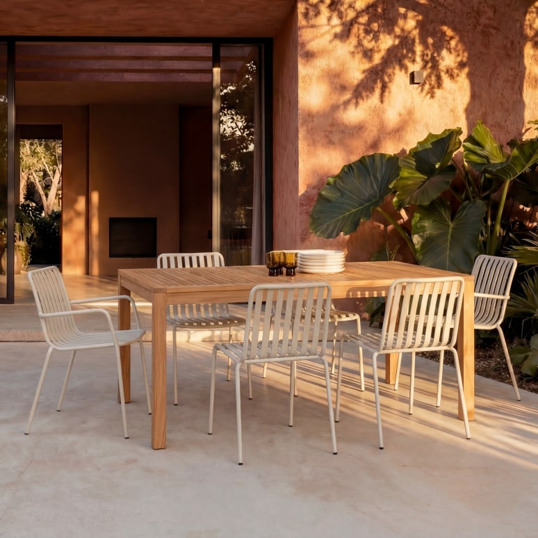 Téo - Gartenmöbel Set aus massivem Teak und Metall Cream 6 PlätzeGartenmöbel Set aus massivem Teak und schwarzem Metall 6 Plätze