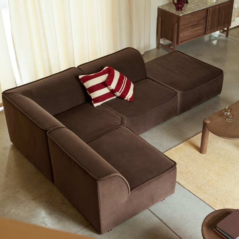 Quinto - Canapé d'angle gauche modulable en tissu marron, 3-4 places