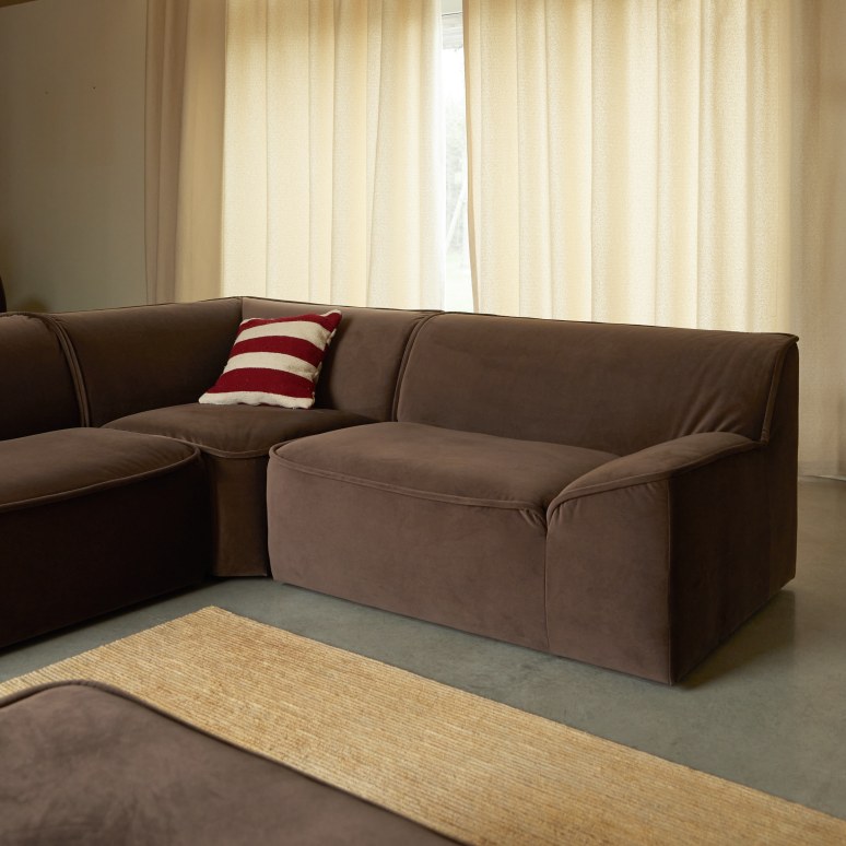 Quinto - Canapé d'angle modulable en tissu marron, 3 places