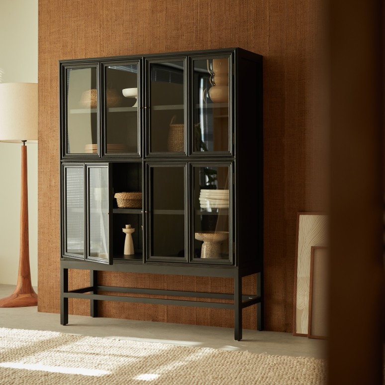 Anna - Vitrinebuffet van mindihout met glazen deuren op poten 120 cm