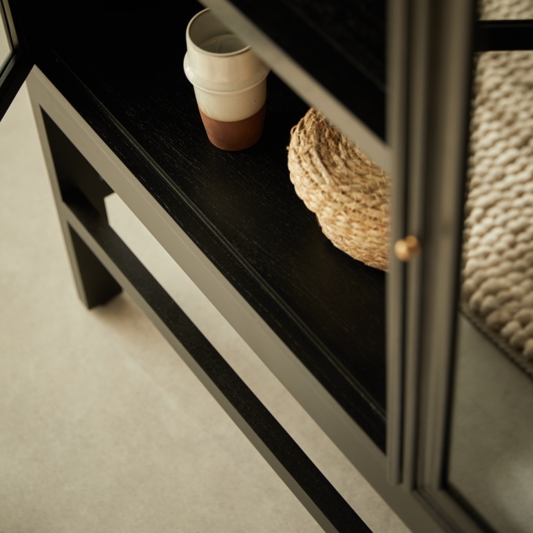 Anna - Kitchen Dresser in mindi wood with glass doors on legs, 120 cm