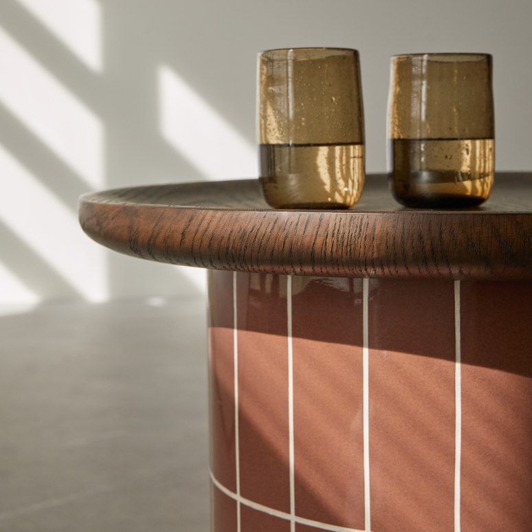 Georges - Table d'appoint terracotta effet céramique et plateau chêne