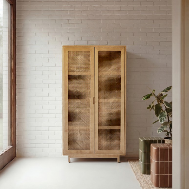Luis - Armoire d'entrée en orme massif et cannage