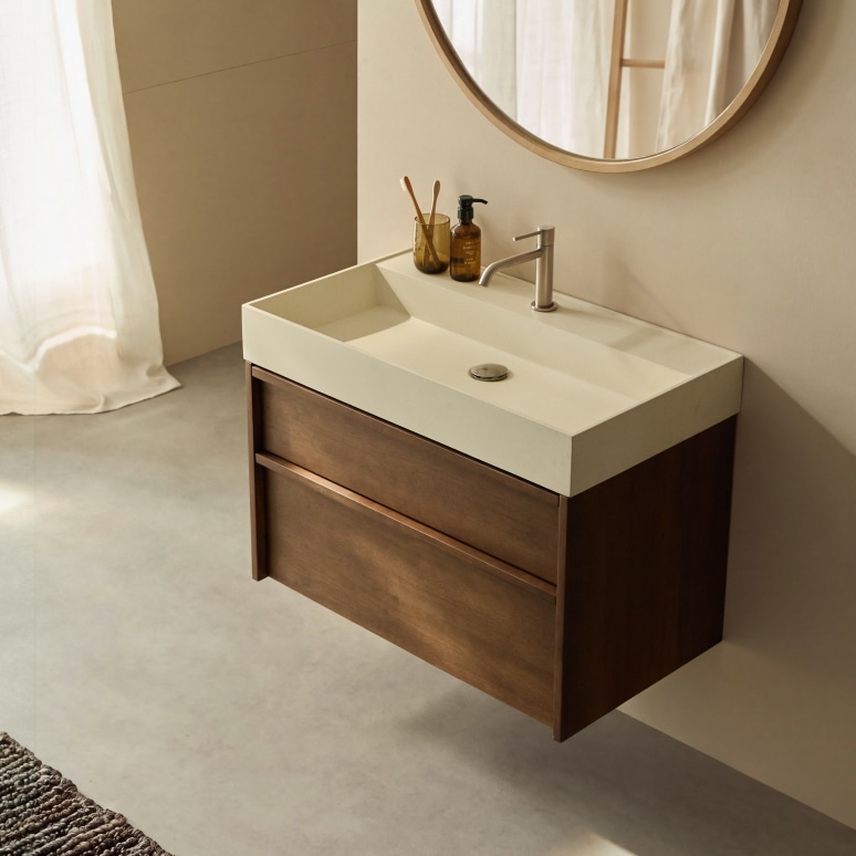 Margot - Vanity cabinet in solid rubberwood and concrete, 80 cm