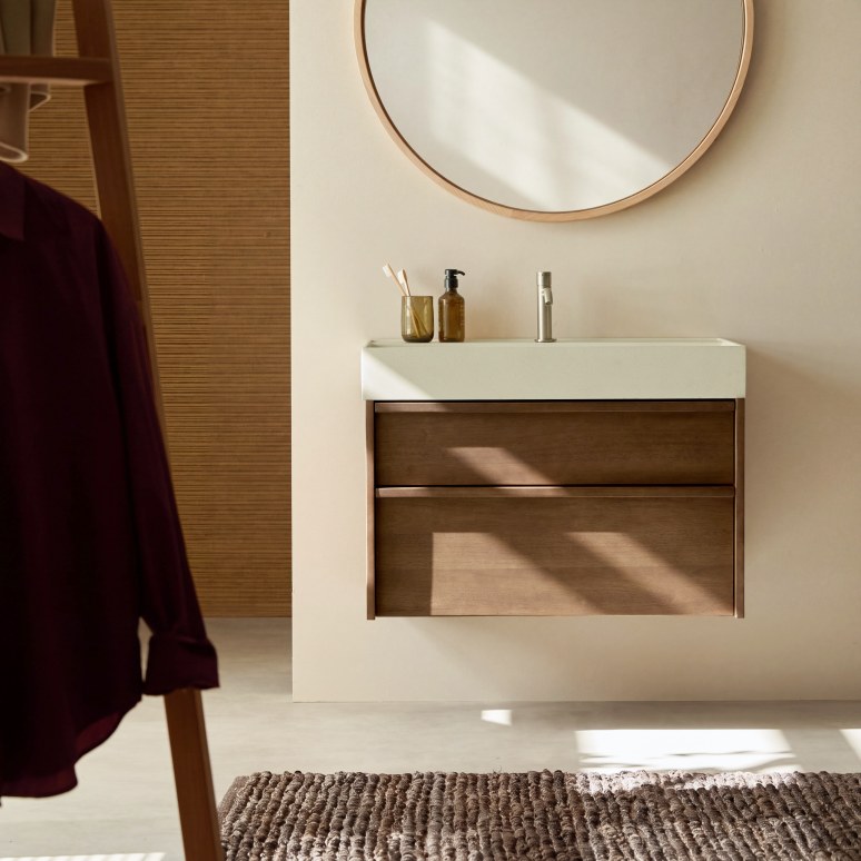 Margot - Meuble de salle de bain en hévéa massif et béton 80 cm