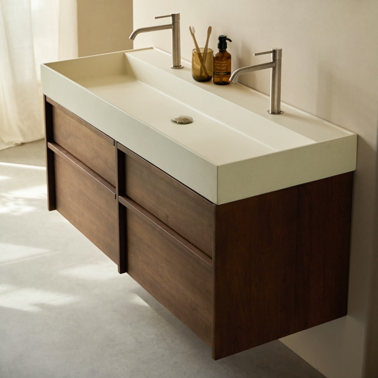 Margot - Mobile sottolavabo in legno massello di hevea e cemento 120 cm