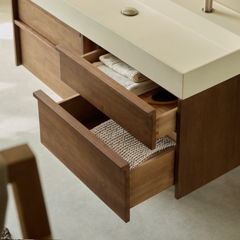 Margot - Mobile sottolavabo in legno massello di hevea e cemento 120 cm