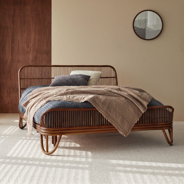Simone - Cama de ratán oscuro con somier 160 x 200 cm