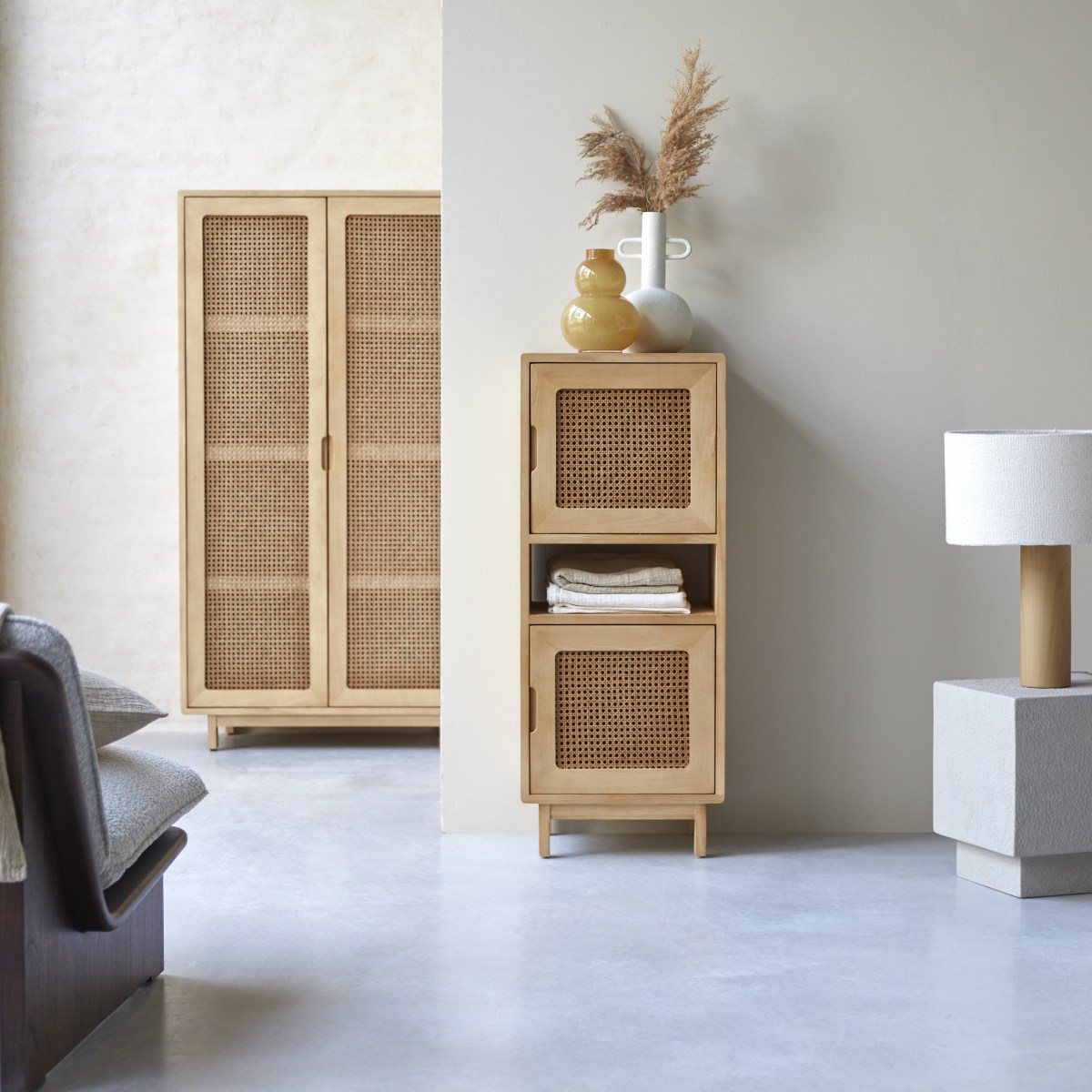 Luis - Solid elm and canework low Bookcase