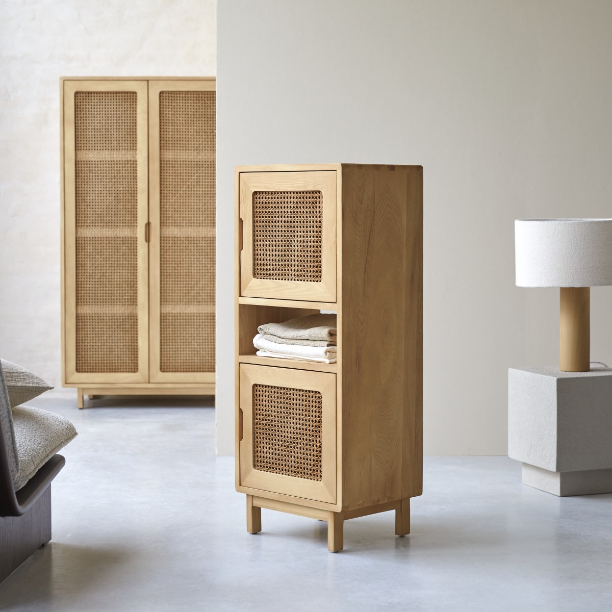 Luis - Solid elm and canework low Bookcase