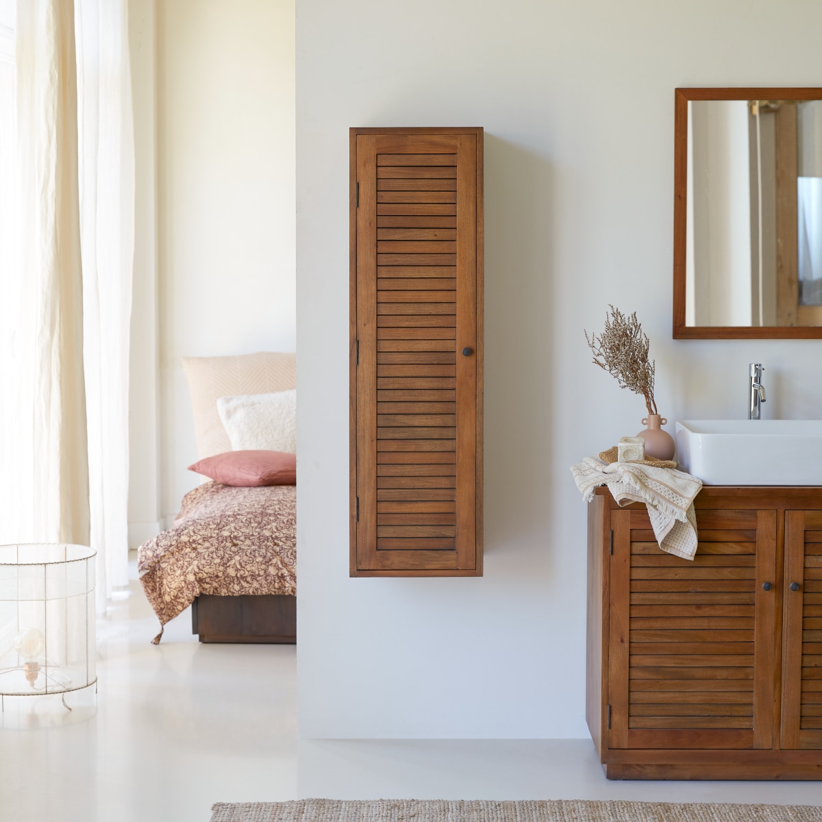 Loggia - Tall solid acacia bathroom cabinet