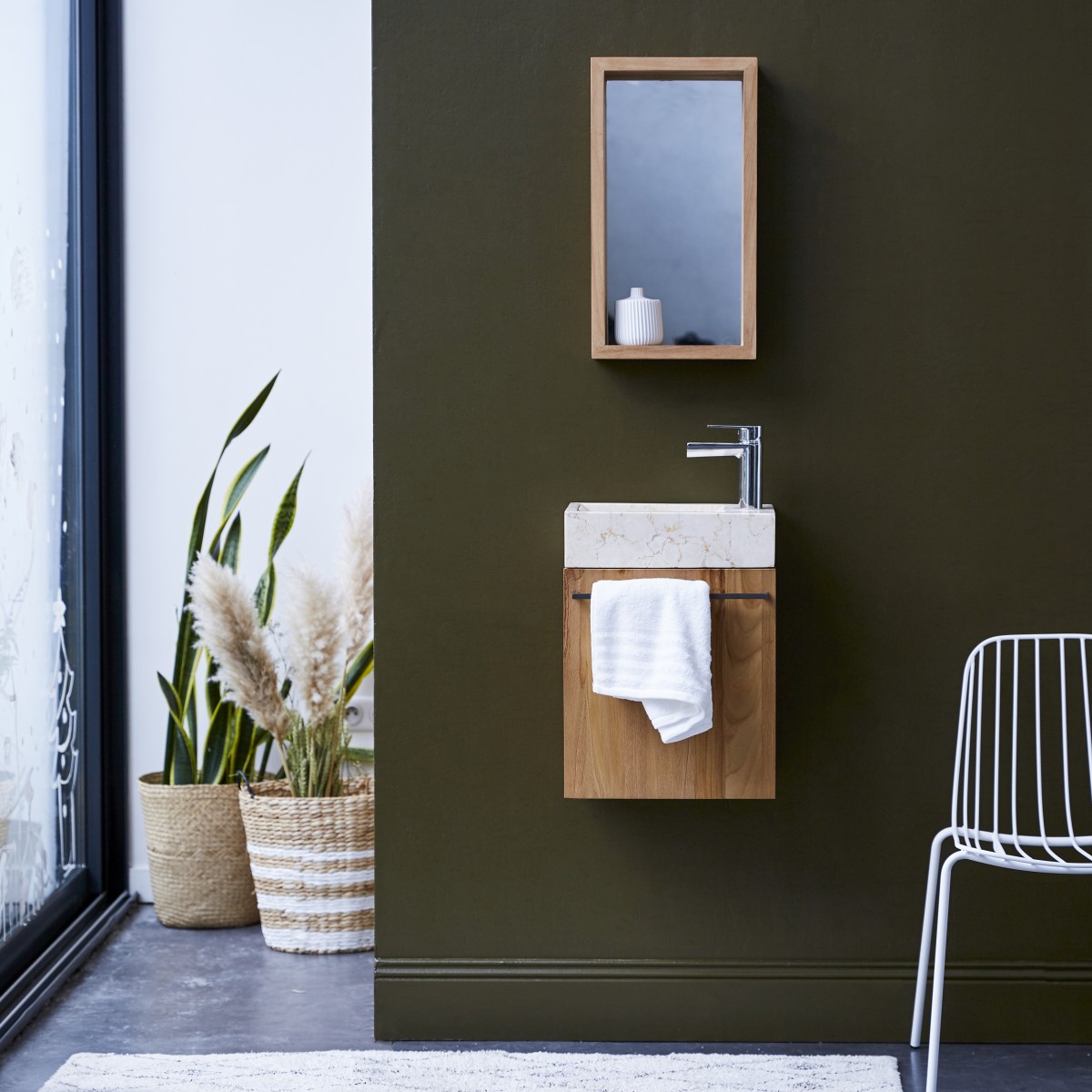 Meuble Lave main suspendu en bois de teck et marbre Stelle cream FSC - Tikamoon