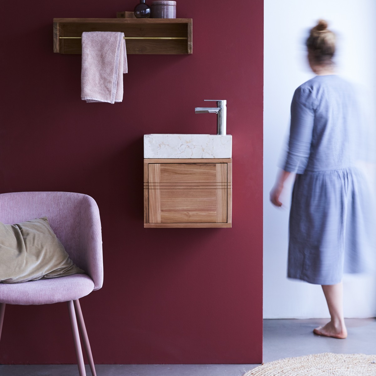 Meuble Lave main en bois de teck et marbre Basic cream FSC® - Tikamoon