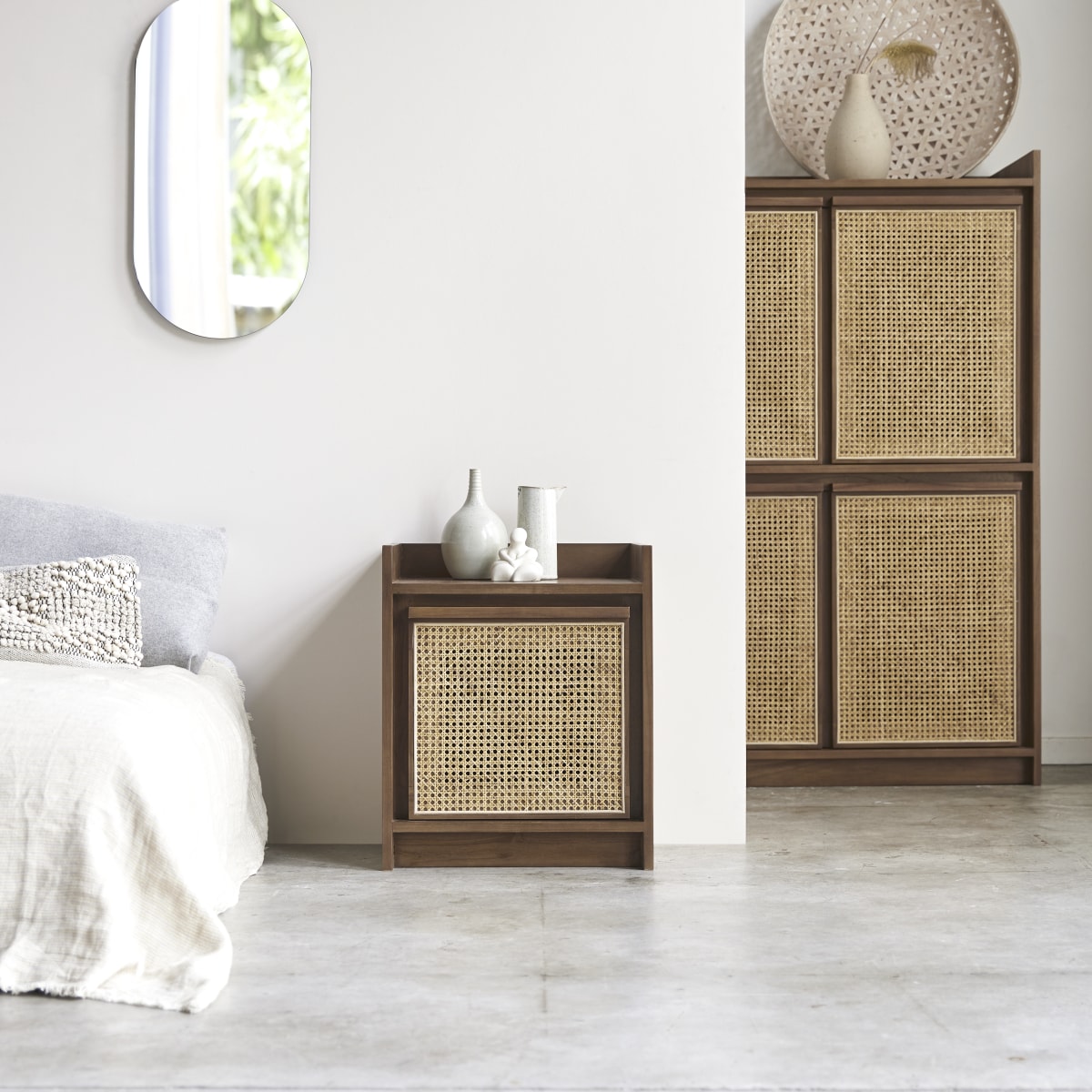 Roots - Solid reclaimed teak and canework Bedside table