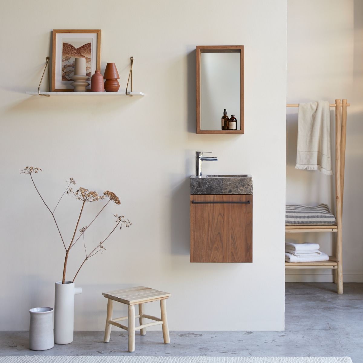 Meuble Lave main suspendu en bois de Noyer et marbre Stelle grey FSC - Tikamoon