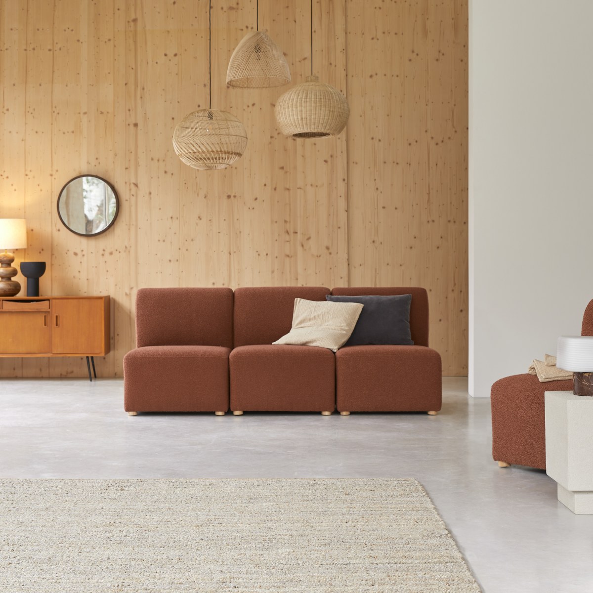 Banquette Swann modulable 3 places en acacia massif et tissu terracotta FSC® - Tikamoon