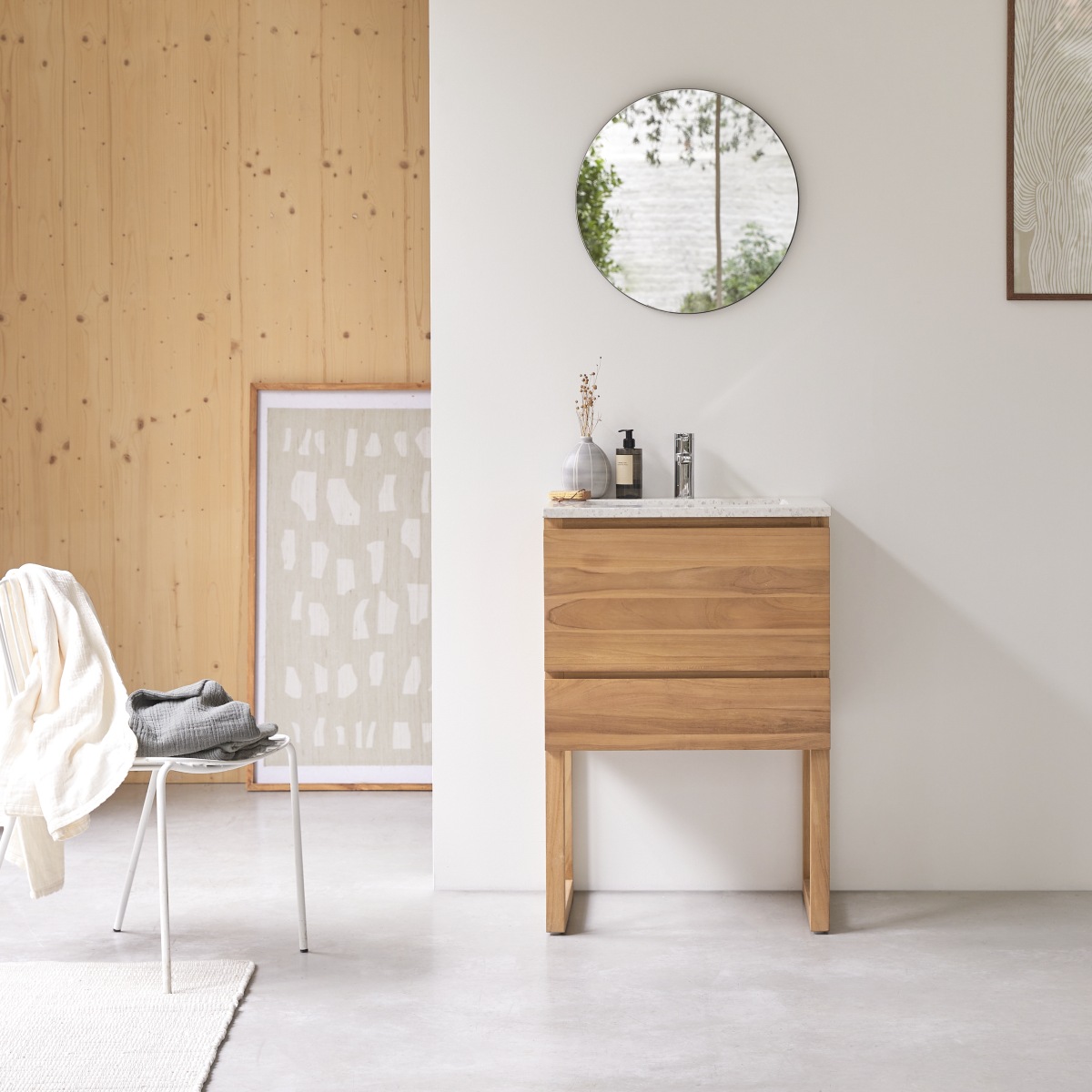 Meuble salle de bain Edgar en teck massif et terrazzo moon 60 cm FSC® - Tikamoon
