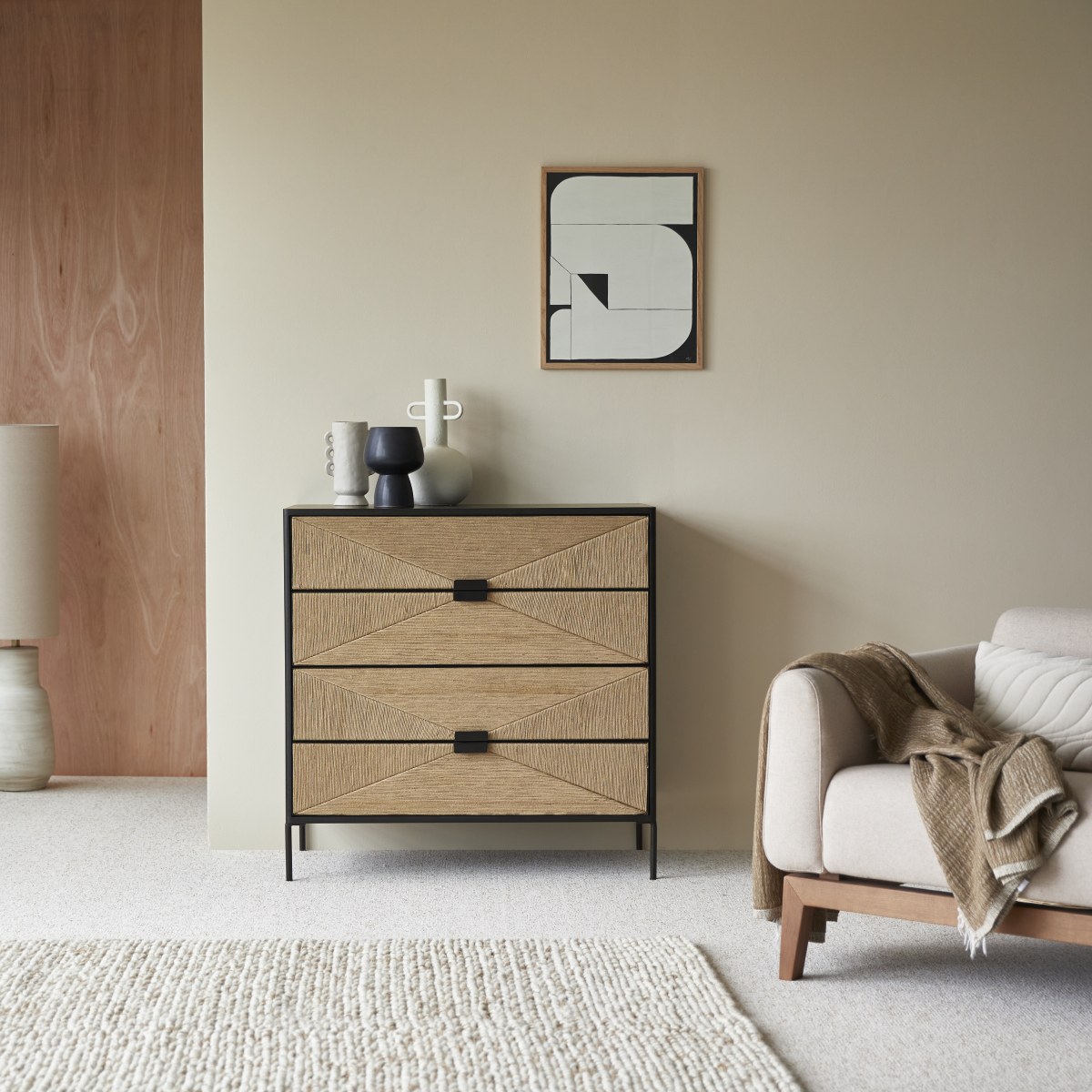 Fidele - Chest of drawers in solid mango wood and natural fibres