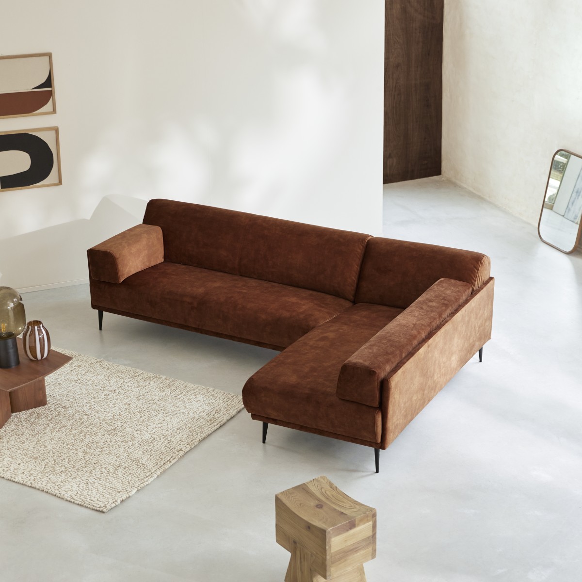 Finn - Right-angled 4-seater corner sofa in terracotta velvet 270 x 180 cm