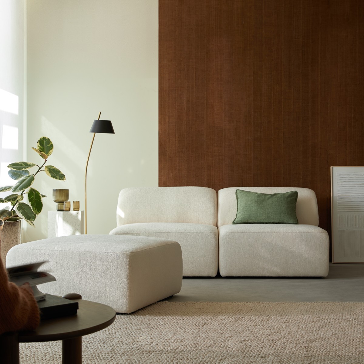 Vénus - Banquette modulable en tissu écru, 3 places