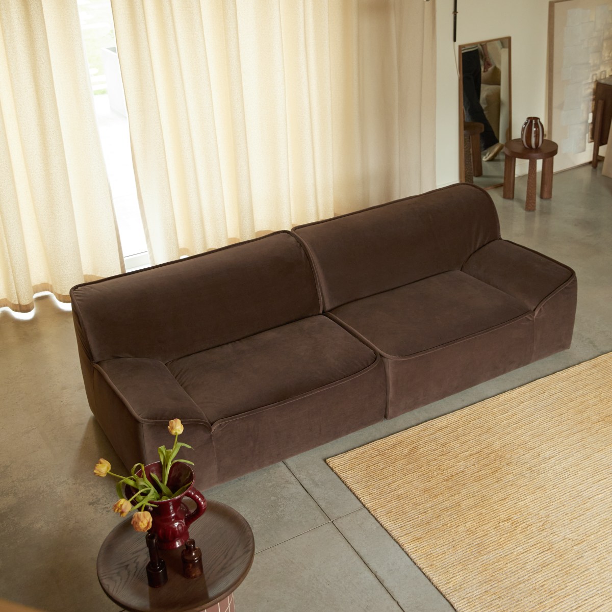 Quinto - Canapé modulable avec accoudoirs en tissu marron, 2 places