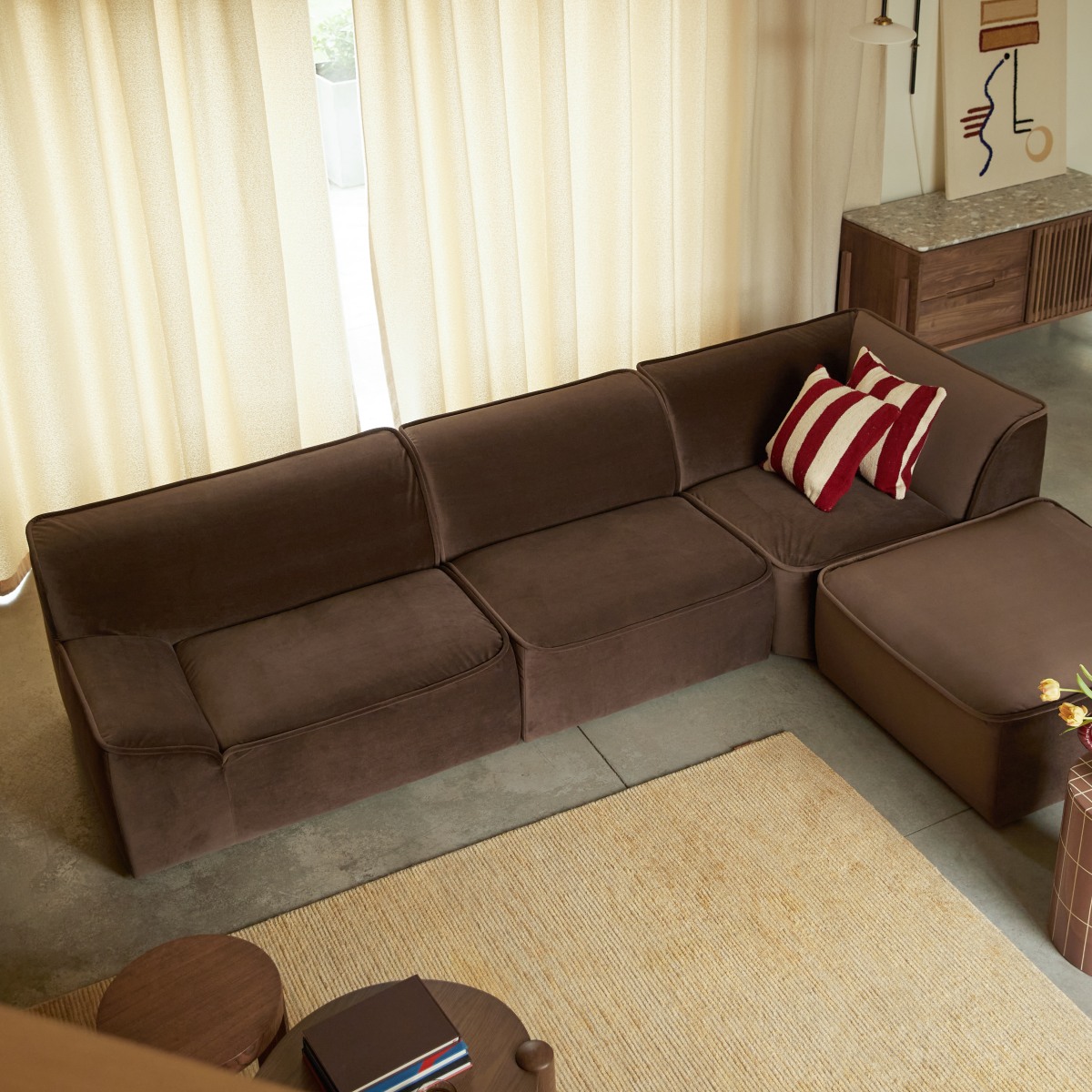 Quinto - Sofá esquinero modular en tejido marrón, 3-4 plazas