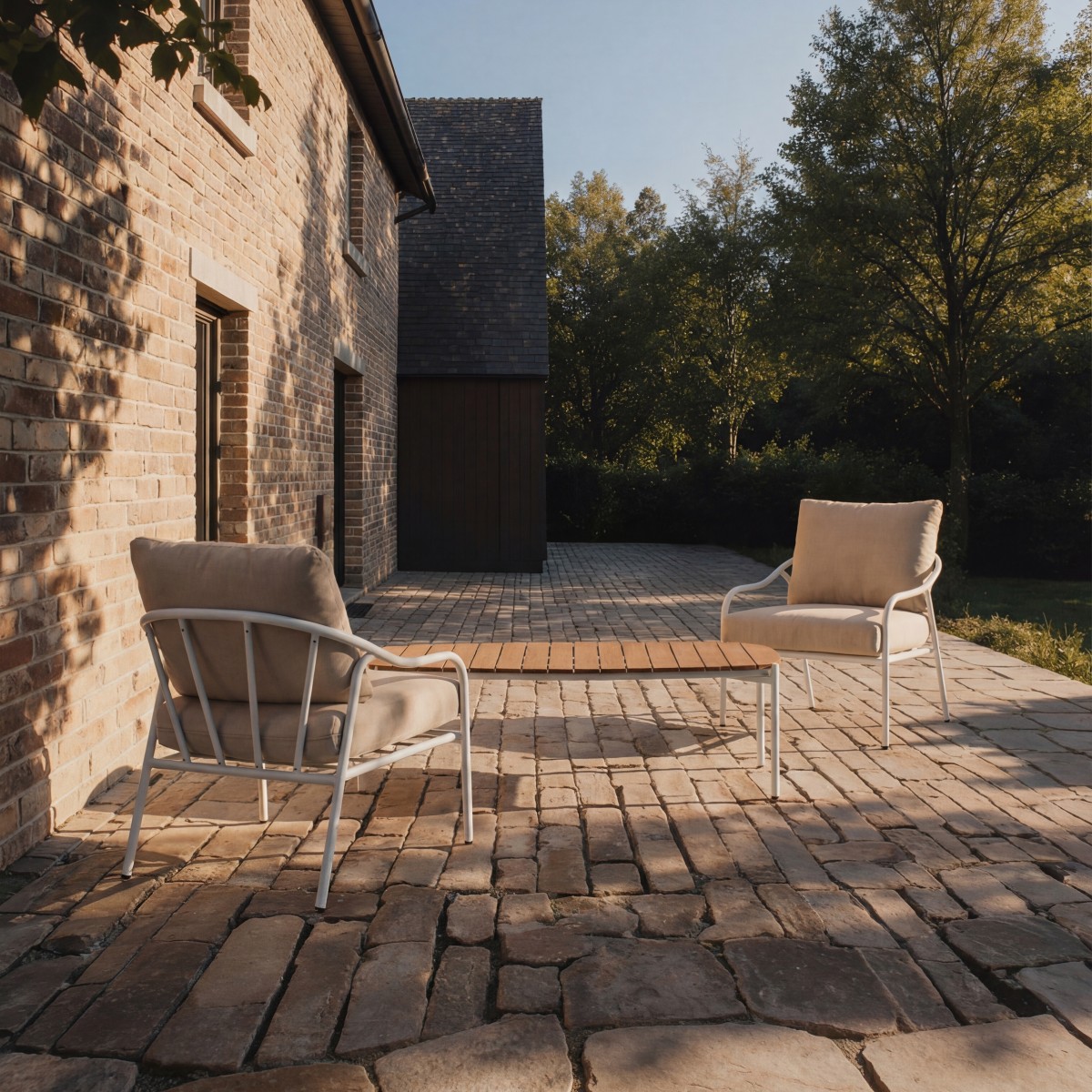 Luca - Gartenlounge aus naturfarbenem Stoff und weißem Metall, 2-Sitzer