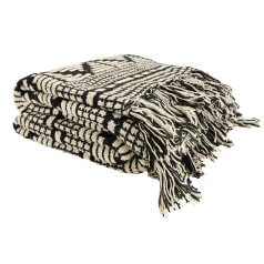 Samo - Soft Reclaimed Cotton Blend Throw with Diamond Pattern and Fringe, Black and Beige