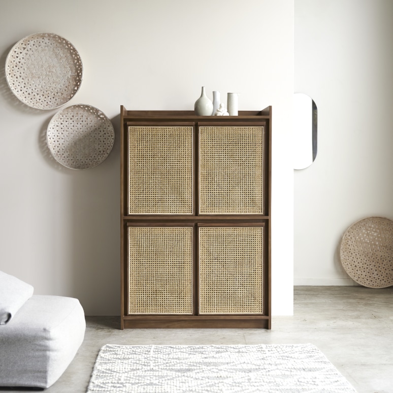 Credenza in teak massello riciclato e rattan 105 cm