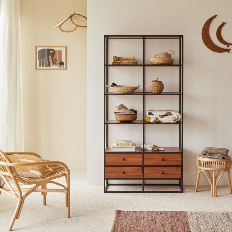 Agra - Kids bookcase in solid acacia and metal