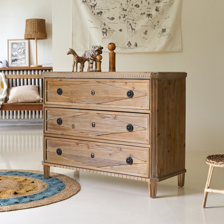 Kids 3 drawer pine chest of drawers Bedroom storage furniture Tikamoon