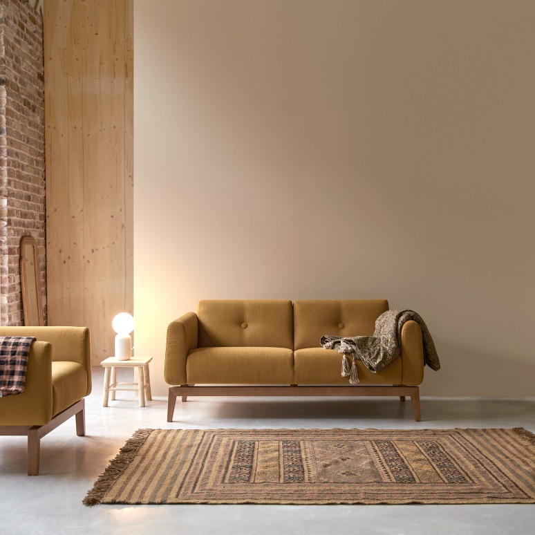 Solid oak and mustard fabric 2-seater sofa