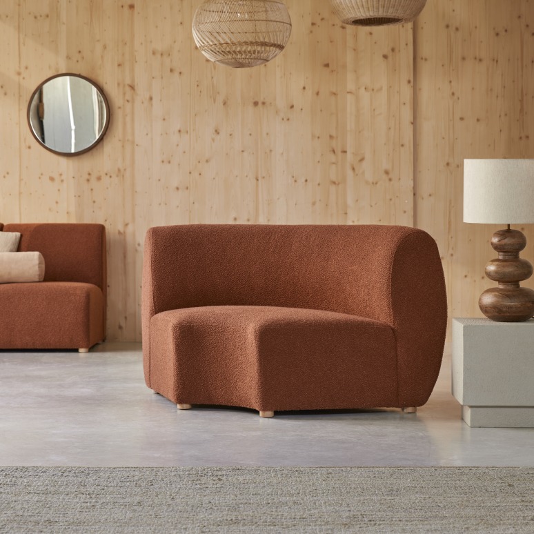 Swann - Sillón modular esquinero de acacia maciza y tela terracota