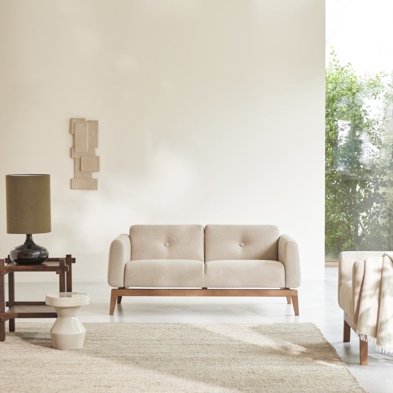 Solid oak and beige fabric 2-seater sofa