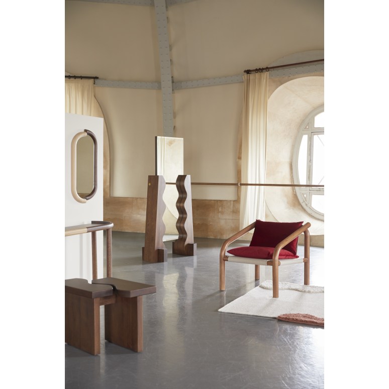 Opéra - Sillón de roble macizo claro y terciopelo color crema