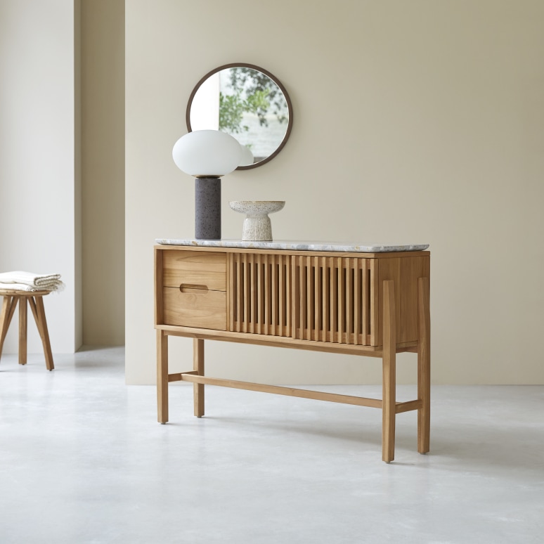 Isaure - Konsole aus massivem Teakholz und Premium-Terrazzo