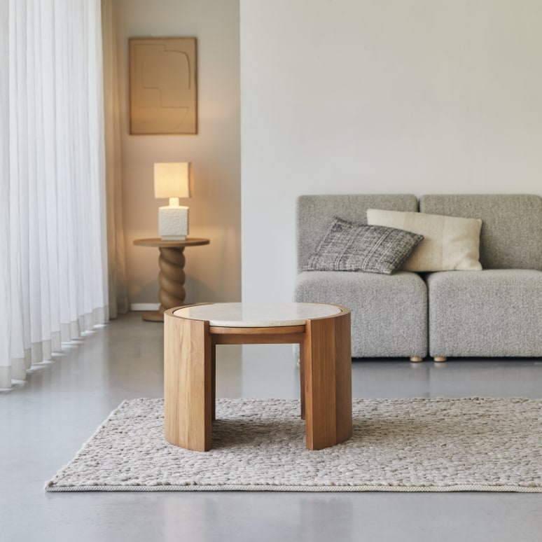 Virgile - Round side table in solid teak and marble