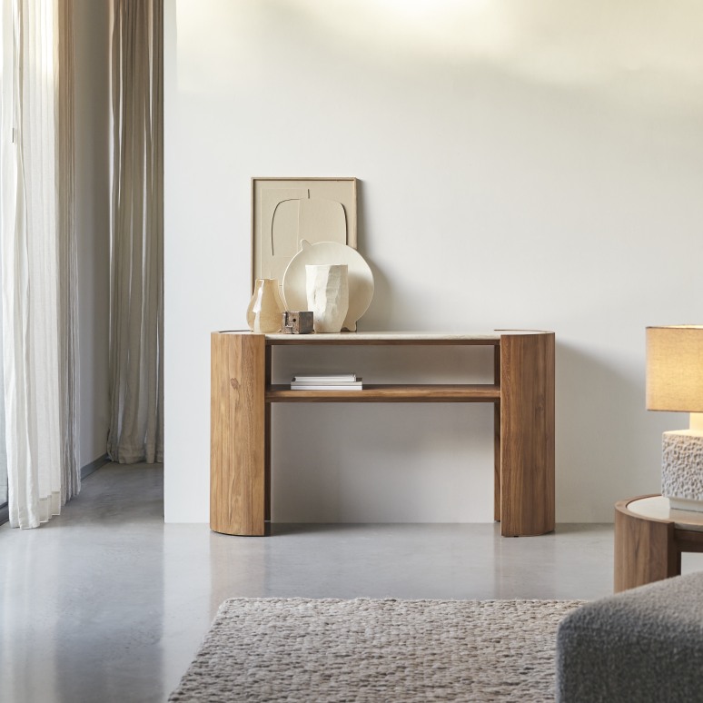 Virgile - Console table in solid teak and marble